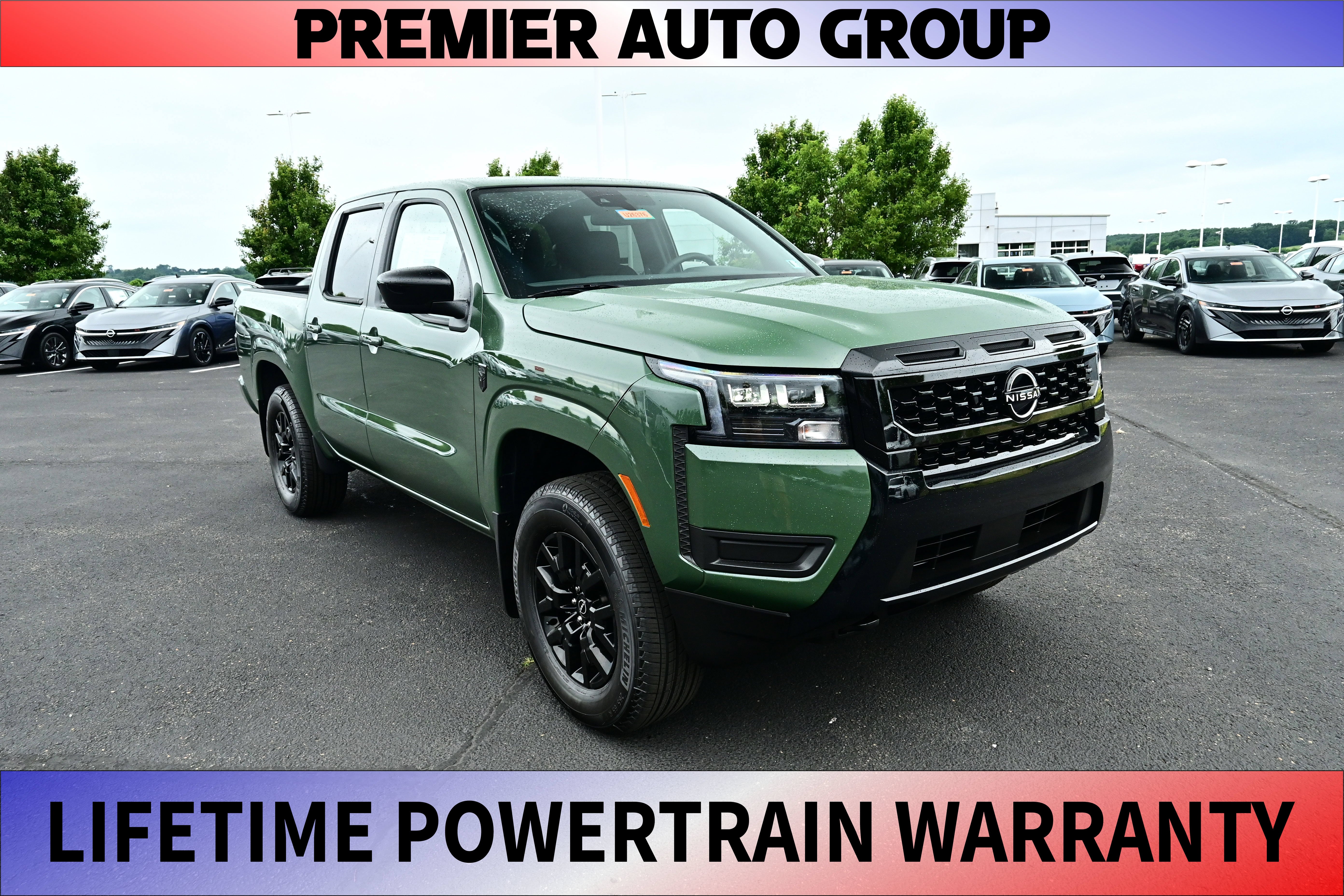 2026 Nissan Frontier Crew Cab SV in Tactical Green Metallic — front three-quarter view