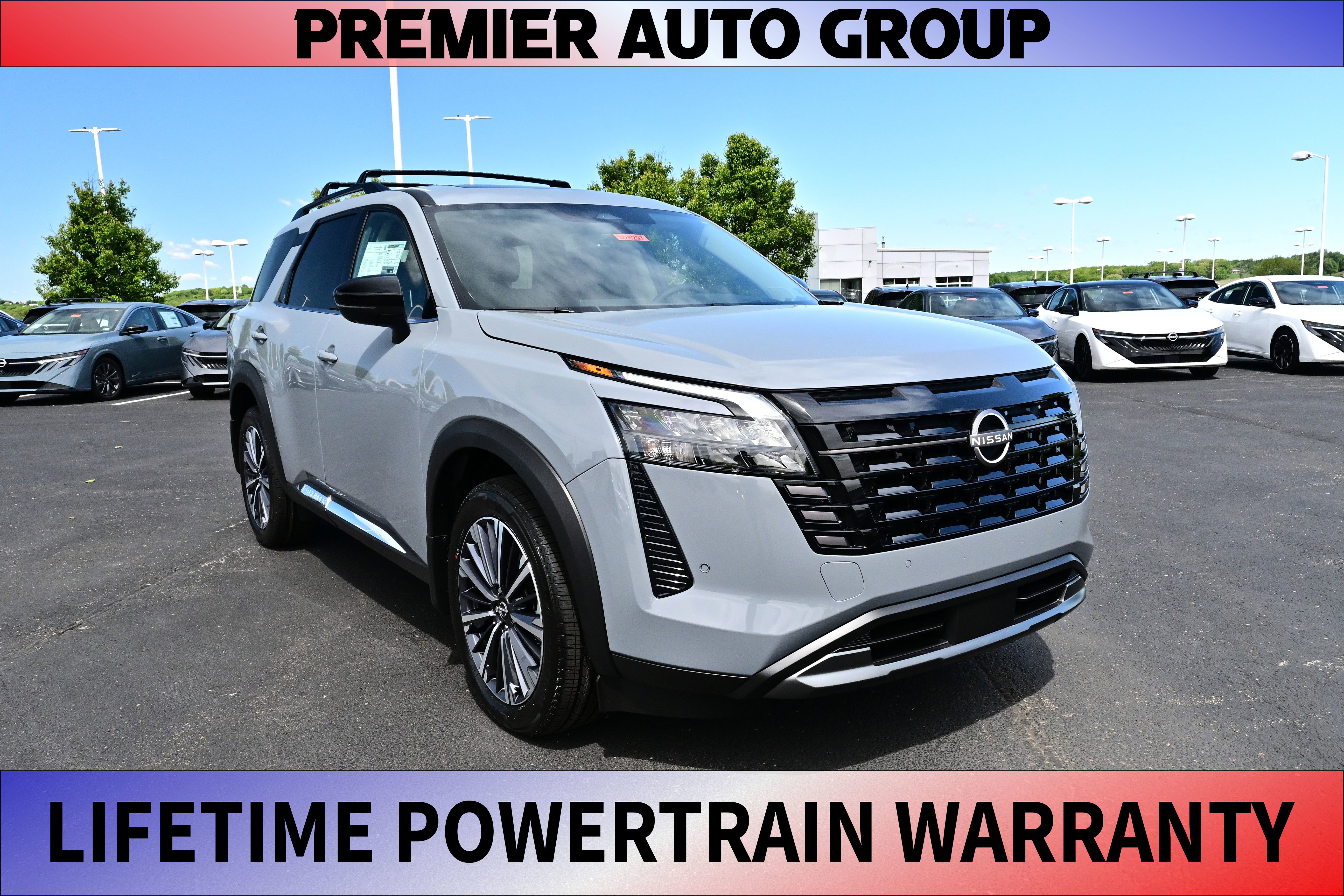 2026 Nissan Pathfinder Platinum in Boulder Gray Pearl — front three-quarter view